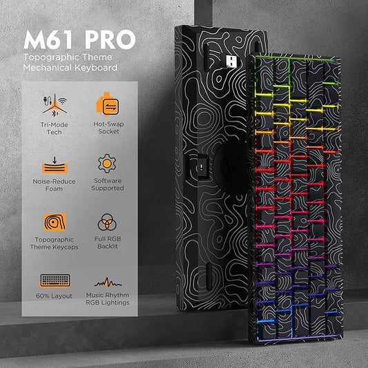 HITIME 60% Percent Keyboard, Topographic Theme Keyboard, XVX M61 Pro Bluetooth/2.4GHz/USB-C Wireless Mechanical Gaming Key Board, Hot Swappable Creamy Pre-lubed Switch, RGB