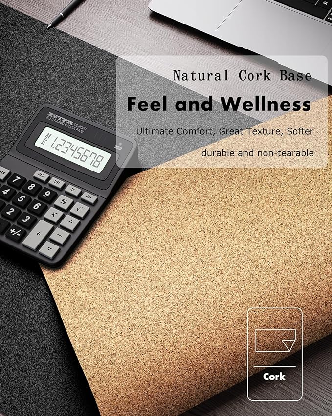 YSAGi Double-Sided Desk Pad, Leather Desk Mat, Eco Cork Desk Pad Protector,Large Mouse Pad,Waterproof Desk Blotter for Office/Home (Black+Cork, 47.2" x 23.6")