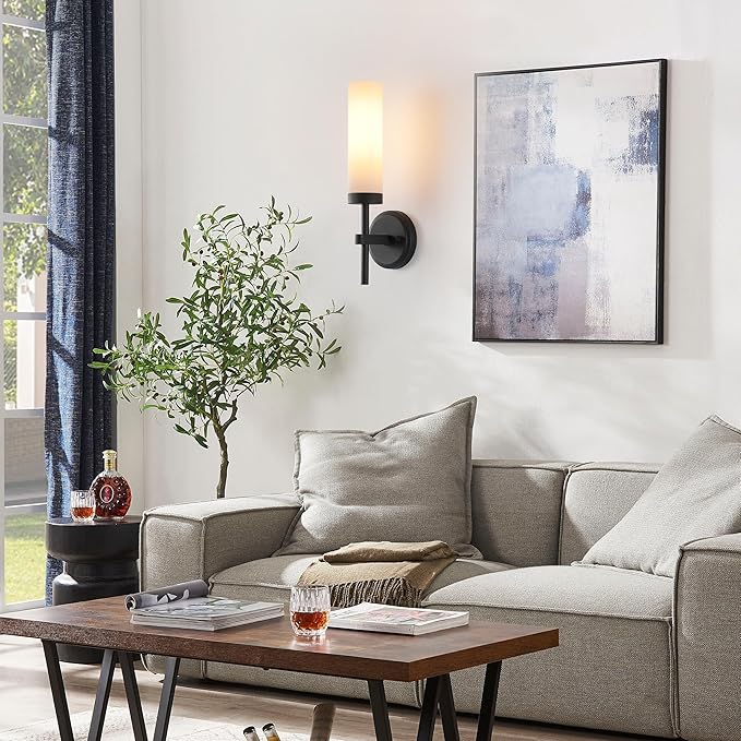 Wall Sconces Set of Two,Matte Black Bathroom Sconces Wall Lighting with White Glass, Modern Sconces Wall Decor Set of 2 Wall Light fixtures for Bathroom Mirror Living Room Hallway Bedroom Wall Lamp