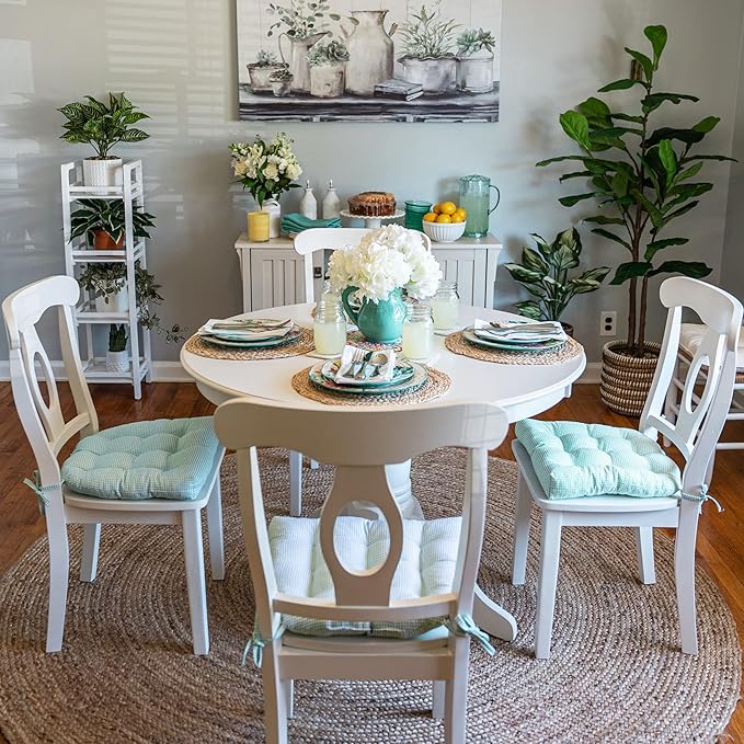 Barnett Home Decor Dining Chair Cushions with Ties, 16.5 x 18, Pack of 2 – Madrid Aqua Gingham Check – 100% Cotton, Latex Foam Fill, Made in USA