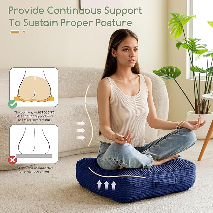 6" Washable Floor Pillow Cushion for Adults, Meditation Cushion Pillow, Large Square Floor Sitting, Removable Tufted Corduroy Cover, for Tatami Living Room or Yoga, 22x22 Inch, 2Pack, Machine Washable