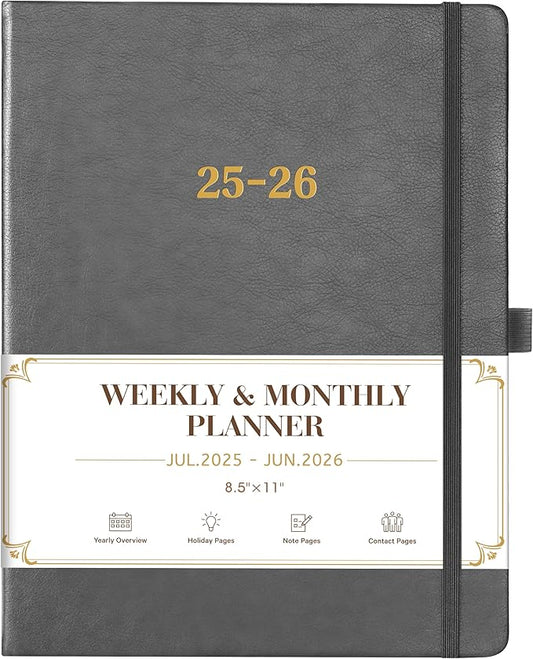 2025-2026 Planner - Weekly Monthly Planner 2025-2026, 8.5"x11", Jul.2025 - Jun.2026, Leather Hardcover, 12 Monthly Tabs, Pen Loop, Elastic Closure, Pocket, Grey