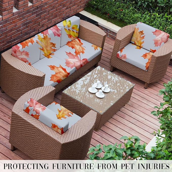 8Pcs Stretch Patio Cushion Covers Outdoor Cushion Cover, Jacquard Stretch Cushion Covers, Cover Replacement, Outdoor Sofa Covers, Washable Furniture Couch Cushion Cover (Red and Yellow maple)