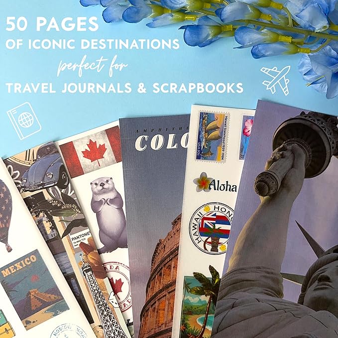 300+ Travel Stickers & 20 A5 Papers - Pre-Cut Washi Stickers for Journaling & Vintage Travel Scrapbooking