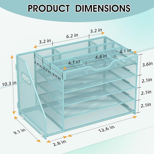 5 Tier Paper Letter Tray with File Holder and 3 Drop-in Pen Holders, Mesh Desk File Organizer with Handle, Desk Organizers and Accessories for School,Home, Office Supplies Storage-Blue
