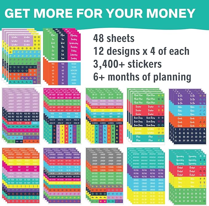 Practical Planner Stickers - Value Pack 48 Sheets, 6 Months of Aesthetic Agenda Stickers for Weekly Planner, Bullet Dot Journal - Planning, Goals, Fitness, Habit Tracking, Days