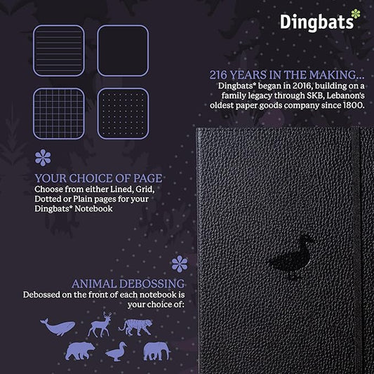 Dingbats* Wildlife Grid Journal Notebook A5 - Vegan Leather Hard Cover, Ideal for Work, Travel - Pocket, Elastic Closure, Bookmark