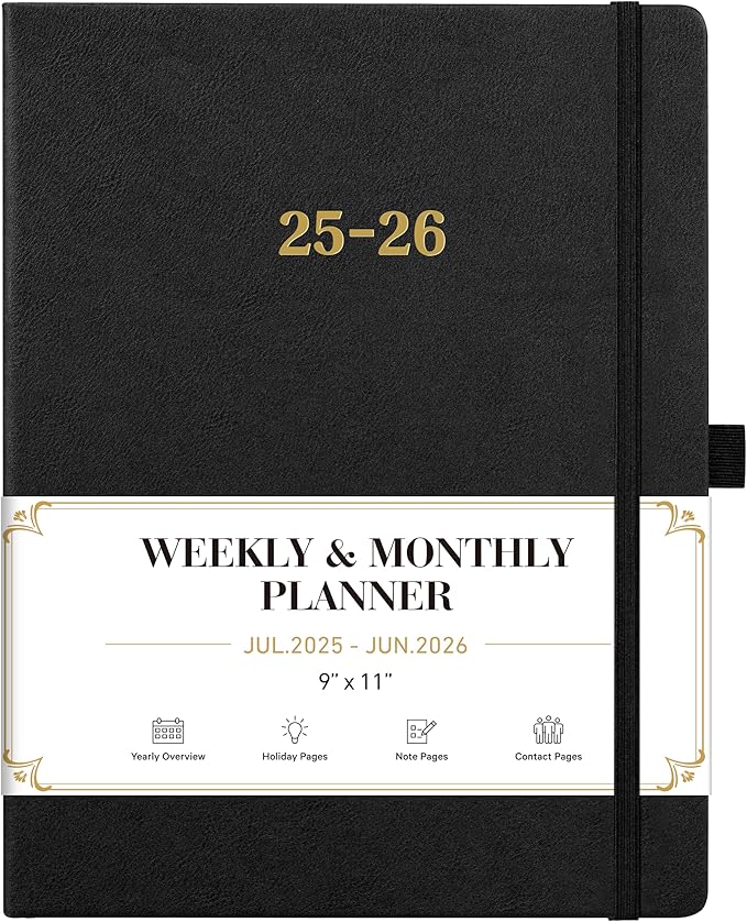 2025-2026 Planner - Academic Planner 2025-2026, Leather Weekly Monthly, Jul.2025 - Jun.2026, 9" x 11", Inner Pocket + Bookmarks+ Leather Hardcover