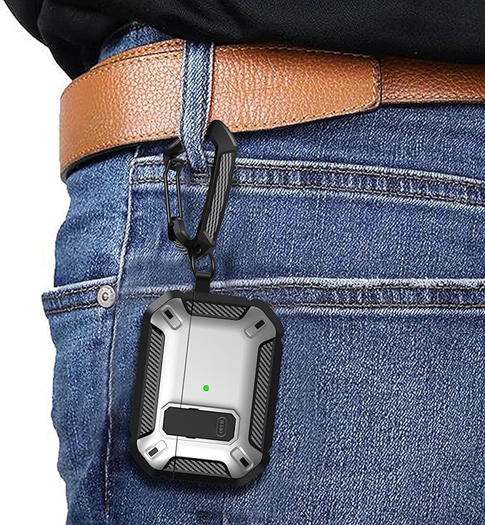 Maxjoy for AirPods Pro Case Cover with Lock, AirPods Pro 1st Generation Case for Men Military Rugged Protective Cover with Keychain Compatible with Apple AirPod Pros 2019 Front LED Visible, Silver