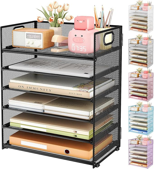 Subekyu 6 Tier Paper Organizer for Desk with Handle, Metal Mesh Desk Office File Folder Paper Letter Tray Accessories Organizer Sorter for Home, School, Office Desktop Document Organization - Gray