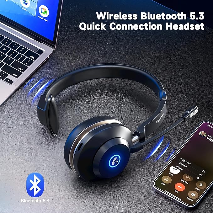 Wireless Headset with Mic for Work: 6.0 Bluetooth Headset with AI Noise Cancelling Mic,45 Hours Worktime & Mute Button, Headset with Microphone for Pc, iPhone,Computer,Remote Work,Office,Zoom, Skype