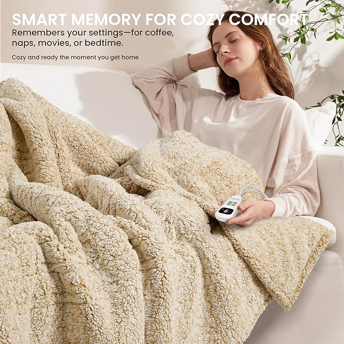 Electric Heated Blanket Full Size 72x84 inches, Fast Heating w/ 10 Heat Settings & 2/4/8/10H Auto Timer, Double-Sided Sherpa, Ultra Soft & Cozy for Couch, Bed, Office, Machine Washable, Light Camel