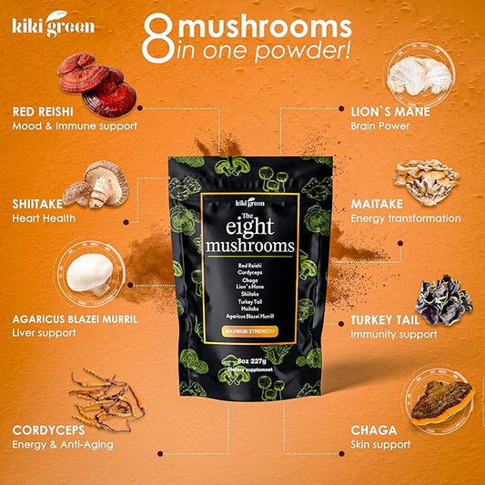KIKI Green 8 Mushrooms Powder Extract - Supplement Blend 8 oz - Lion's Mane, Reishi, Chaga, Cordyceps, Maitake, Shiitake - for Focus and Energy - Add to Coffee and Smoothies