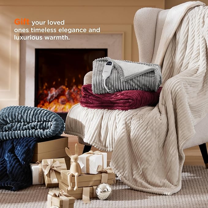 Bedsure GentleSoft Heated Blanket Throw - Soft Ribbed Flannel Electric Blanket, Heating with 4 Time Settings, 6 Heat Settings, and 3 hrs Timer Auto Shut Off, Gifts for Grandma (50x60 inches, Cream)