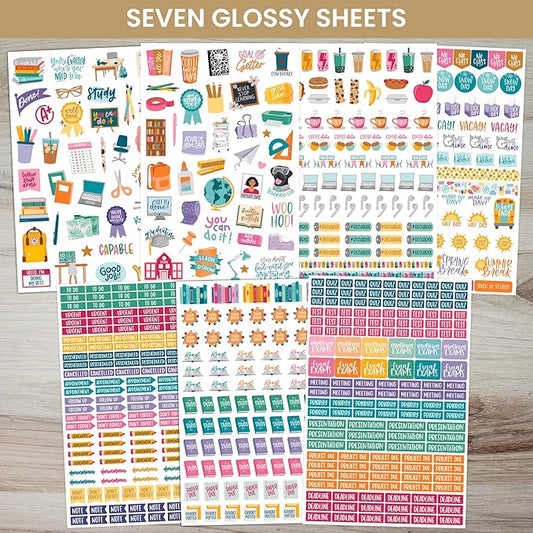 bloom daily planners Student Planner Stickers - 8 Sheets / 672 Stickers - Essential School Themed Variety Pack for Academic Year Planning - Icons & Illustrations to Track Assignments, Exams, & More