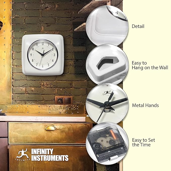 Infinity Instruments Retro – 9-Inch Square Silent Non-Ticking Mid-Century Modern Wall Clock – Vintage Decorative Timepiece for Kitchen, Office, or Diner – White