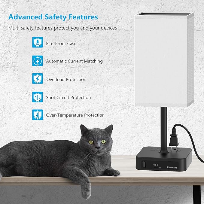 Bedside Table Lamp with Touch Control & USB C+A Charging Ports LED Desk Lamp with 2 AC Outlets, Minimalist Nightstand Light with Black Fabric Shade for Bedroom, Living Room, Office, White