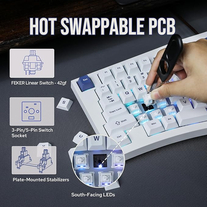 Feker Alice98 Ergonomic 98 Keys Custom Mechanical Keyboard, VIA Programmable, USB-C Wired Gaming Keyboard, Hot Swappable, 5 Layer Paddings, Control Knob, NKRO, RGB for Win/Mac (White)