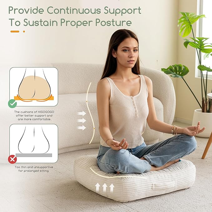 6" Washable Floor Pillow Cushion for Adults, Meditation Cushion Pillow, Large Square Floor Sitting, Removable Tufted Corduroy Cover, for Tatami Living Room or Yoga, 22x22 Inch, 2Pack, Machine Washable