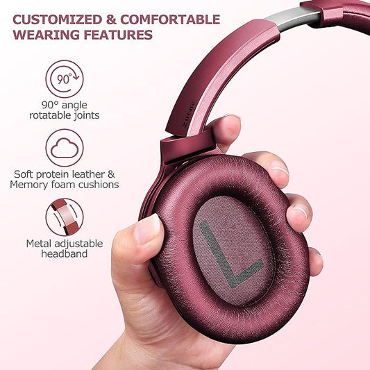 ZIHNIC Active Noise Cancelling Headphones, 40H Playtime Wireless Bluetooth Headset with Deep Bass Hi-Fi Stereo Sound,Comfortable Earpads for Travel/Home/Office (Red)