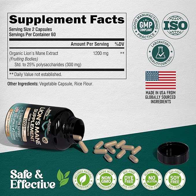 Lions Mane Supplement Capsules - Organic Lions Mane - Made in USA - Fruiting Bodies Extract - 1200 mg, 25% Polysaccharides - Memory & Focus Support - As Lions Powder - 120 Capsules, 2 Month Supply