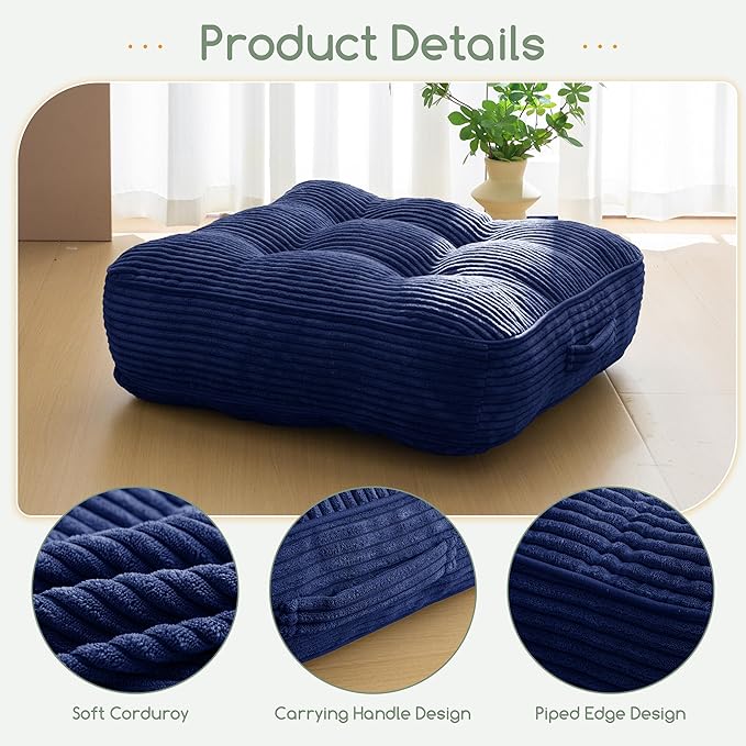 6" Washable Floor Pillow Cushion for Adults, Meditation Cushion Pillow, Large Square Floor Sitting, Removable Tufted Corduroy Cover, for Tatami Living Room or Yoga, 22x22 Inch, Machine Washable