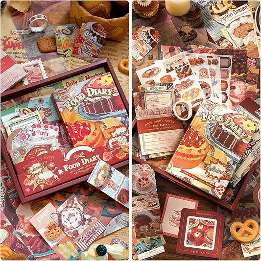 Scrapbooking Supplies Kit: Vintage Aesthetic Scrapbook Kit, Junk Journal Supplies with Scrapbook Stickers Paper, Journaling Supplies, Birthday Craft Gift for Adult Teen Girls Kid, Food Diary