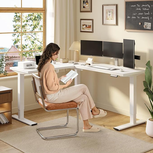 SANODESK Electric Height Adjustable 3 Leg Corner Desk Frame, up to 220lbs, Sit Stand Ergonomic L Shaped Frame Only, White
