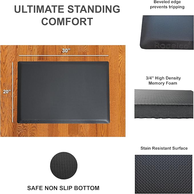 Rocelco 43" Height Adjustable Standing Desk Converter with Anti Fatigue Floor Mat - Tall Stand Up Tabletop Riser and Tablet Slot - Computer Workstation - Deep Keyboard Tray - Black (R VADRB-43-MAFM)