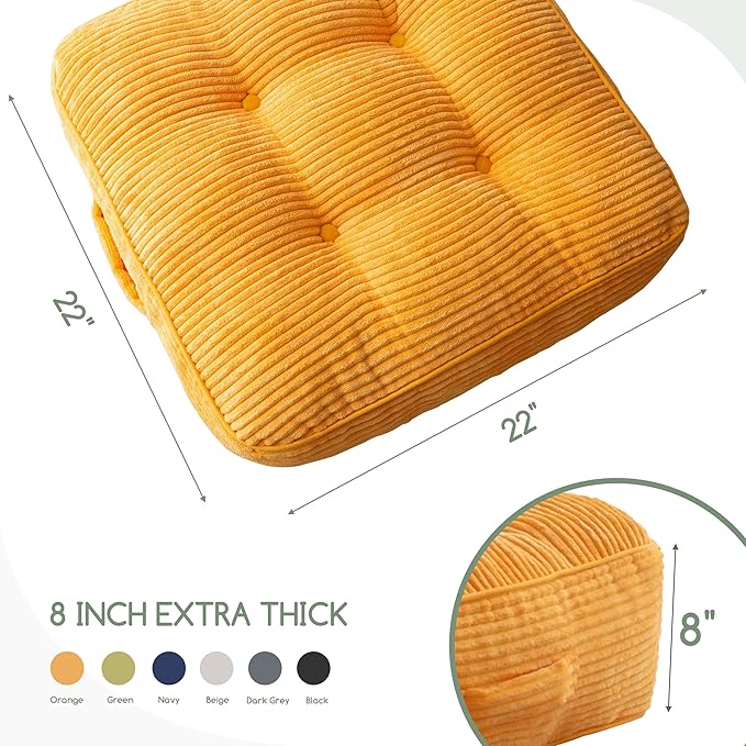 8" Washable Floor Pillow Cushion for Adults, Meditation Cushion Pillow, Large Square Floor Sitting, Removable Tufted Corduroy Cover, for Tatami Living Room or Yoga, 22x22 Inch, 2Pack, Machine Washable