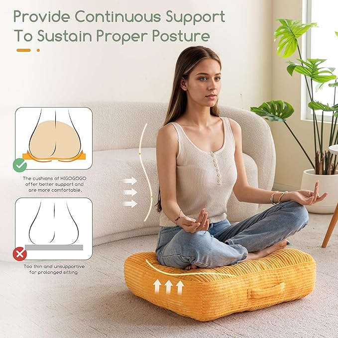 6" Washable Floor Pillow Cushion for Adults, Meditation Cushion Pillow, Large Square Floor Sitting, Removable Tufted Corduroy Cover, for Tatami Living Room or Yoga, 22x22 Inch, 2Pack, Machine Washable