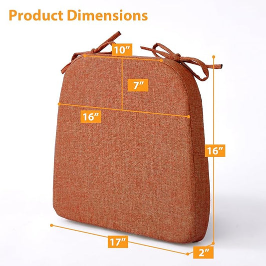 Chair Cushions for Dining Chairs, 2" Thick Seat Cushions for Kitchen Chairs, D-Shaped Chair Pads with Washable Cover, Ties and Non Slip Backing, 17'' x 16'', Set of 6, Orange