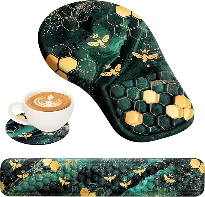 3 in 1 Ergonomic Mousepad and Keyboard Wrist Rest, Mouse Pad with Wrist Support Massage Design, Keyboard Wrist Rest and Mouse Pad Set for Home Office (Green Bee)
