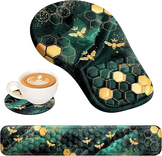 3 in 1 Ergonomic Mousepad and Keyboard Wrist Rest, Mouse Pad with Wrist Support Massage Design, Keyboard Wrist Rest and Mouse Pad Set for Home Office (Green Bee)