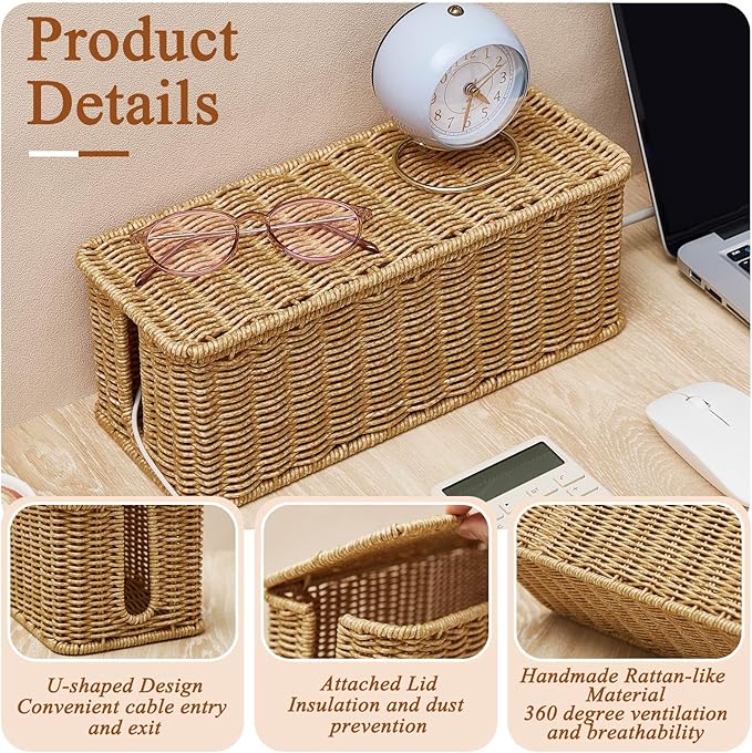 Marsui Cable Management Box Synthetic Rattan Cord Organizer Box Cable Hider Box Storage Wire Box with 2 Open Slots for Home Office Desk Computer TV Wires USB Hub (Medium, 1)
