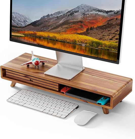 Tinamo Acacia Monitor Stand Riser with Sliding Door - Wooden Monitor Riser for Desk - Computer Monitor Stand for Desk - Multi-Purpose Desktop Storage Stand for Computer; Laptop; TV(24.4 " x 8" x 5")