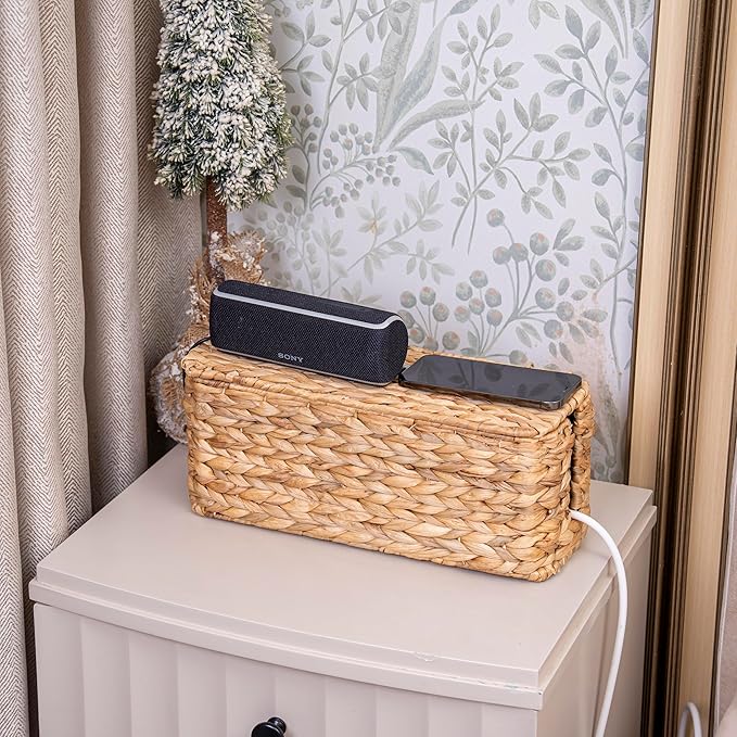 PEMAR Natural Wicker Cable Management Box, Cable Organizer, 2 Open Slots, Under Desk Cord Organizer, Cover & Hide Power Strips & Cords for TV Desk, Computer, Router, USB Hub (Natural Water Hyacinth)