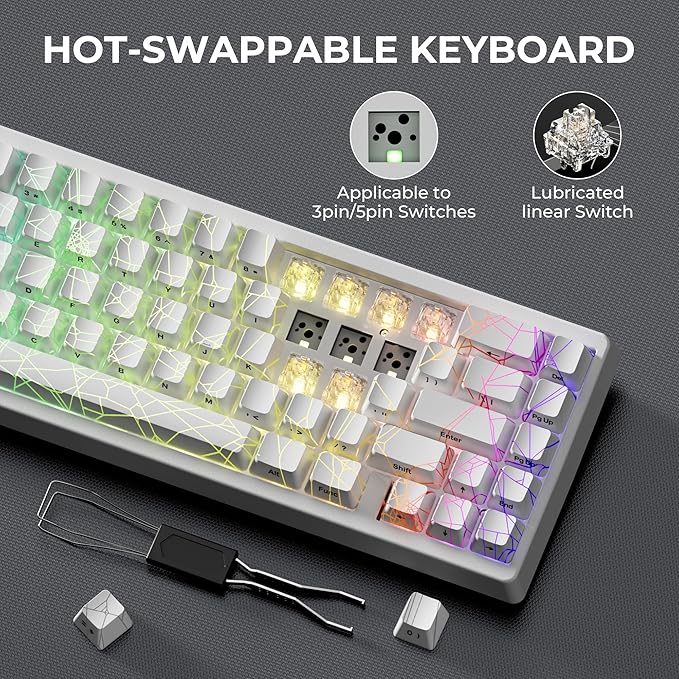 x XVX M67 Wireless 60% Percent Keyboard, QMK/VIA Topographic Gaming Keyboard, Tri-Mode Thocky Creamy Mechanical Key board, Hot Swappable Gasket Mount RGB IMD Tech for Win/Mac, Spider Web Theme, White