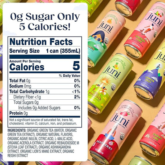 Juni Sparkling Adaptogen Drink with Ashwagandha, Lion’s Mane & Reishi Mushrooms | Green Tea for Focus, Zero Sugar, 5 Calories, Organic | Non Alcoholic Drinks - Raspberry 12 pack