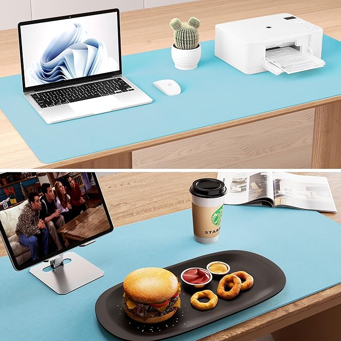 Aothia Double-Sided Desk Pad – 25.6"x13.7" Large Mouse Pad, Leather Desk Mat with Eco Cork Protector, Waterproof Desk Blotter for Office/Home (Blue Topaz)