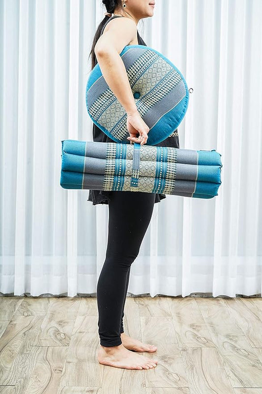 Leewadee Meditation Cushion Set – 1 Small Zafu Yoga Pillow and 1 Small Roll-Up Zabuton Mat Filled with Kapok