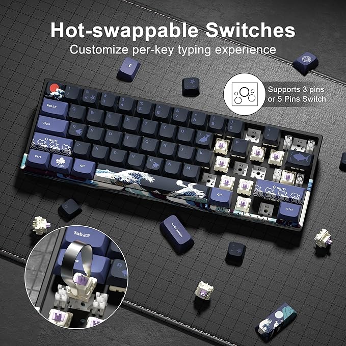XVX 60% Gaming Keyboard, RGB 3-Modes Wireless Mechanical Keyboard, Mini 60 Percent Gamer Keyboard with Hot-Swappable Pre-lubed Linear Switch for Windows & Mac (Great Wave Off Kanagawa), M61 Pro
