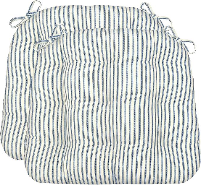 Barnett Home Decor Dining Chair Cushions, 16.5 x 18, Pack of 2 – Ticking Stripe Navy Blue – 100% Cotton, Latex Foam Fill