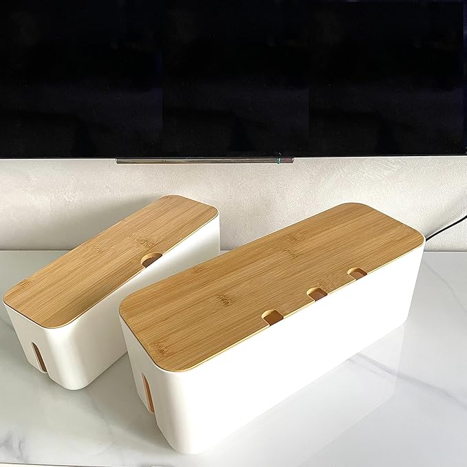 2 Pieces Cable Management Box|Cord Organizer Box| Hide and Conceal Power Strips and Electrical Cords from TVs, Computers, and Desks (White 2PCS)