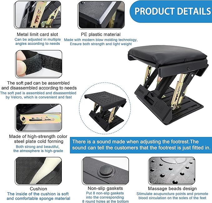 Adjustable Foot Rest for Under Desk at Work with 4 Height Levels, Under-Desk Footrest with Massage Surface, Foot Stool Under Desk for Office, Home, Maximum Load 120 Pounds (Black)