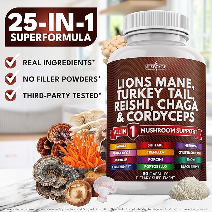 NEW AGE Lions Mane Mushroom Supplement with Turkey Tail Reishi Cordyceps Chaga with Marshmallow Root 180 Count