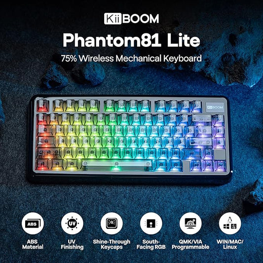 KiiBoom Phantom81 Lite 75% Gasket Mechanical Keyboard, QMK&VIA Programmable, 3 Modes Wireless Gaming Keyboard, RGB Backlights, ABS Case + UV Tech, Hot-Swappable for Windows/Mac/Linux (Black)