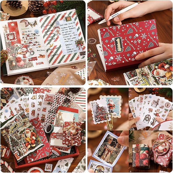 Christmas Scrapbooking Supplies Kit: New Year Festival Scrapbook Kit, Vintage Junk Journal Supplies with Aesthetic Scrapbook Stickers, Journaling Supplies, Craft Christma Gift for Teen Girl Kid Women