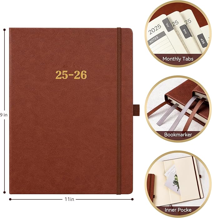 Vondafe 2025-2026 Leather Academic Planner, Weekly Monthly, Jul.2025 - Jun.2026, 9" x 11", Inner Pocket + Elastic Closure + Pen Loop + Bookmarks, Leather Hardcover - Brown