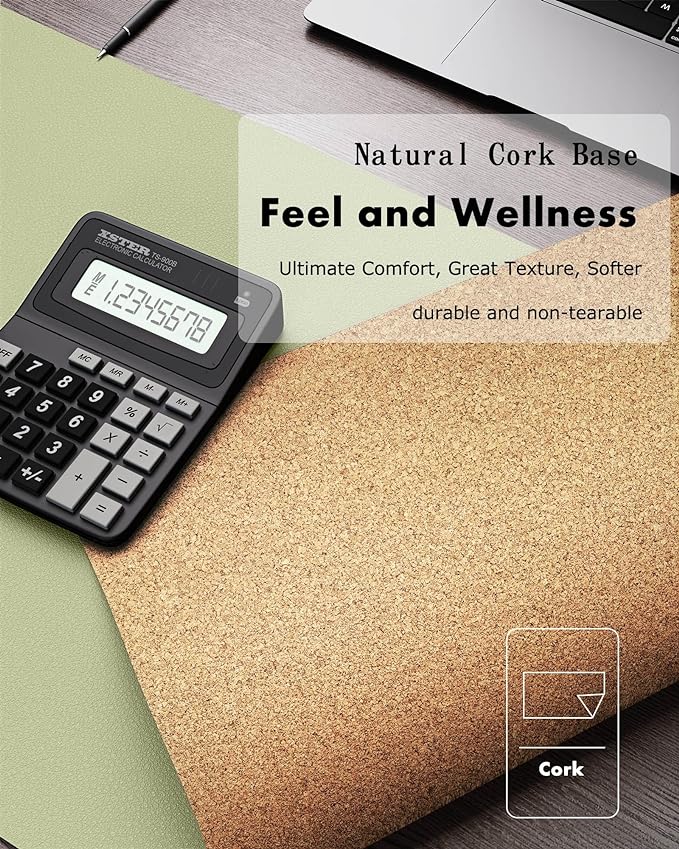 YSAGi Double-Sided Desk Pad, 23.6"x13.7" Leather Desk Mat, Eco Cork Desk Pad Protector, Large Mouse Pad for Desk, Waterproof Desk Blotter Pad, Desk Writing Pad for Office Work/Home(Matcha Green/Cork)